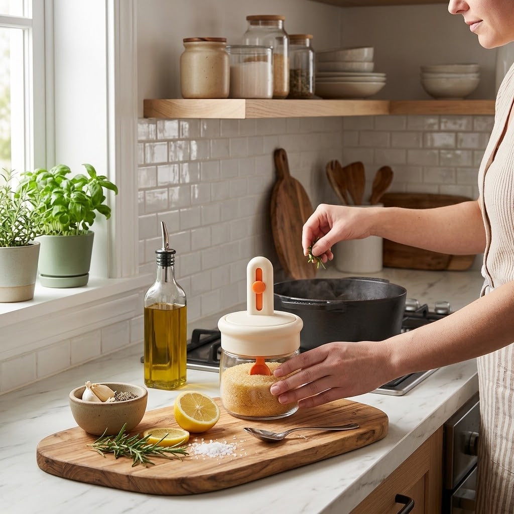 Orange Glass Spice Jar with Integrated Spoon Lid