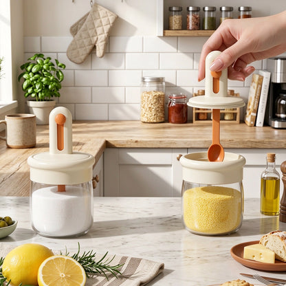 Orange Glass Spice Jar with Integrated Spoon Lid